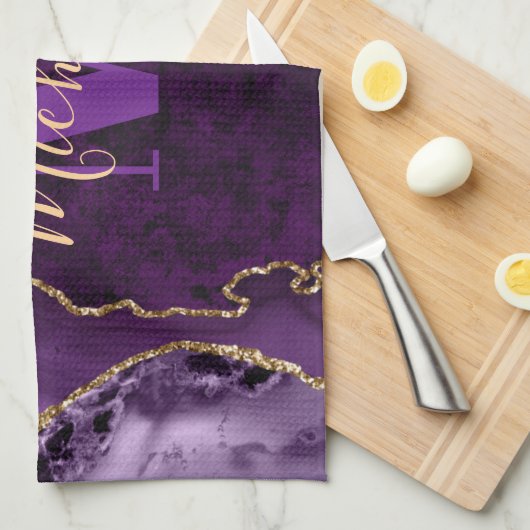 Monogram Paarse en goudkleurige gaffelkaart Theedoek (Quarter Fold)