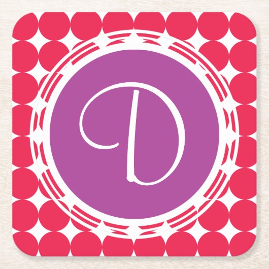 Monogram Paarse en Rode Polka Dot Kartonnen Onderzetters (Voorkant)