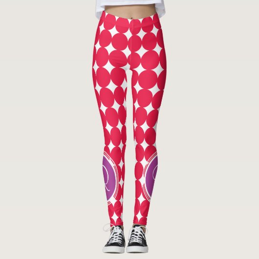 Monogram Paarse en Rode Polka Dot Leggings (Voorkant)