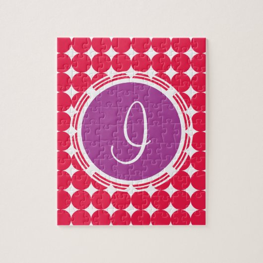 Monogram Paarse en Rode Polka Dot Legpuzzel (Verticaal)