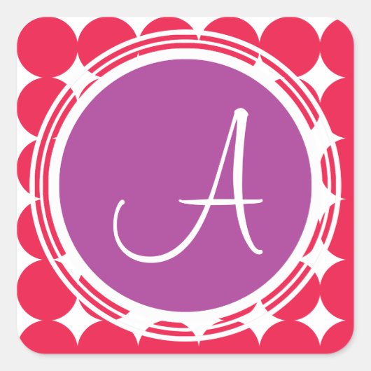 Monogram Paarse en Rode Polka Dot Vierkante Sticker (Voorkant)
