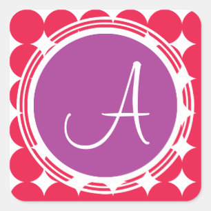 Monogram Paarse en Rode Polka Dot Vierkante Sticker