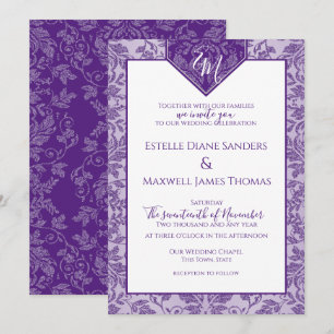 Monogram Paarse en Zilveren Damask Shield Banner Kaart