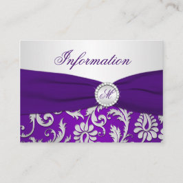 Monogram Paarse en zilveren damast Info kaart