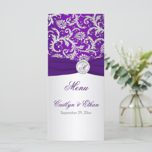 Monogram Paarse en zilveren damast Menu Kaart (Staand voorkant)