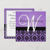 Monogram Paarse en zwarte Damask Wedding Invitatio Kaart (Voorkant / Achterkant)