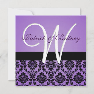 Monogram Paarse en zwarte Damask Wedding Invitatio Kaart