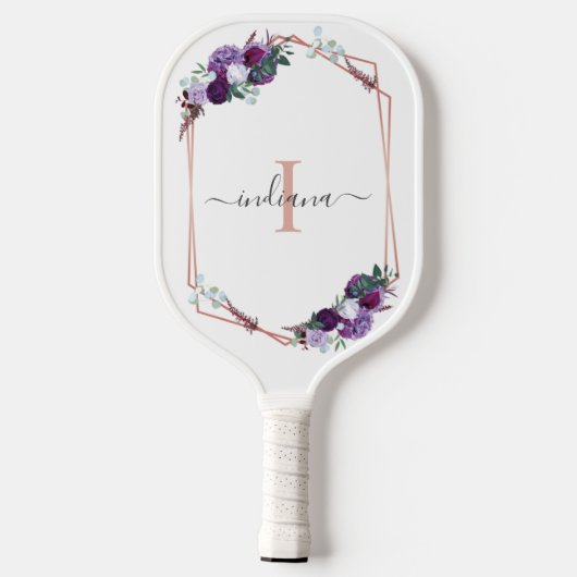 Monogram Paarse Floral Roos Gold Geometrische naam Pickleball Paddle (Achterkant)