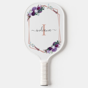 Monogram Paarse Floral Roos Gold Geometrische naam Pickleball Paddle