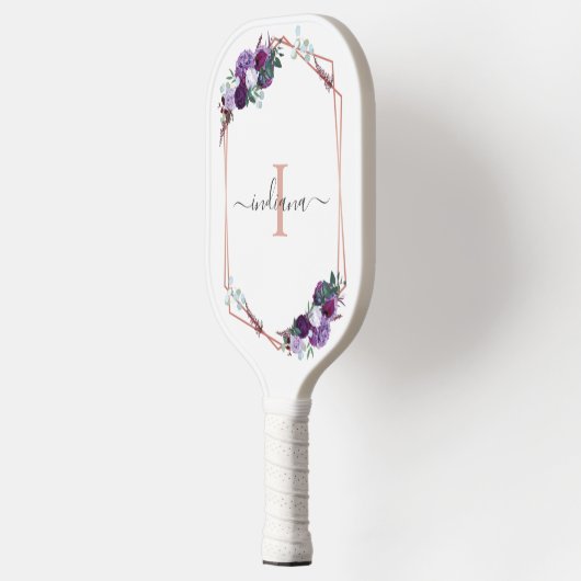 Monogram Paarse Floral Roos Gold Geometrische naam Pickleball Paddle (Links)