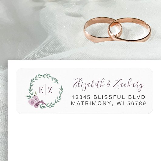 Monogram Paarse Floral Wreath Retouradres Etiket