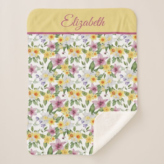 Monogram Paarse Geel Groene Floral Sherpa Deken (Voorkant)