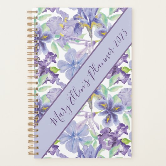 Monogram Paarse Gele Iris Floral Waterverf Jaar Planner (Voorkant)