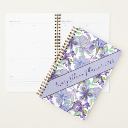Monogram Paarse Gele Iris Floral Waterverf Jaar Planner (Display)