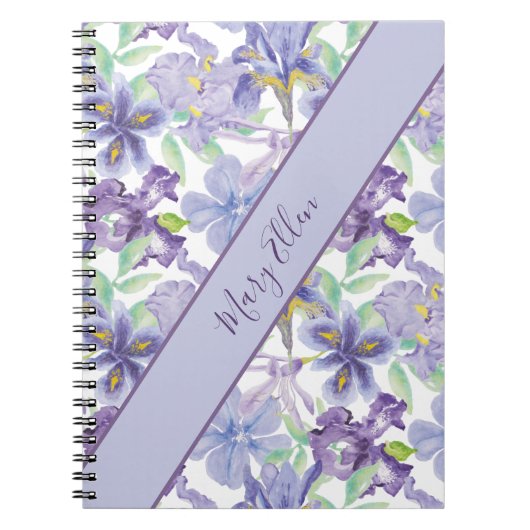 Monogram Paarse Gele Iris Floral Waterverf Notitieboek (Voorkant)