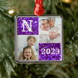 Monogram Paarse Glitter Foto Kerstmis Metalen Ornament