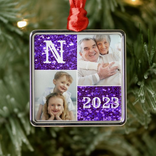 Monogram Paarse Glitter Foto Kerstmis Metalen Ornament (Boom)