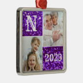 Monogram Paarse Glitter Foto Kerstmis Metalen Ornament (Rechts)