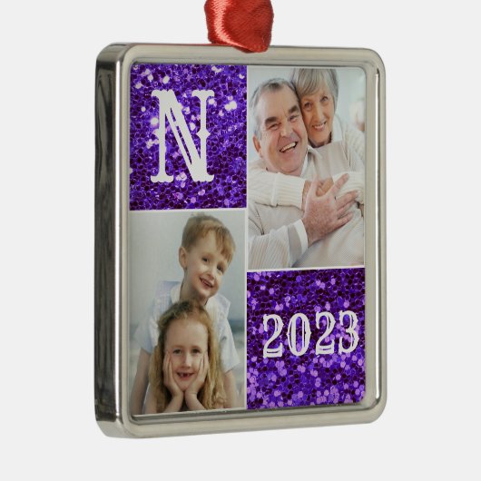 Monogram Paarse Glitter Foto Kerstmis Metalen Ornament (Rechts)