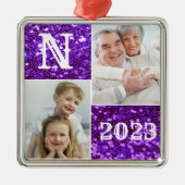 Monogram Paarse Glitter Foto Kerstmis Metalen Ornament (Voorkant)