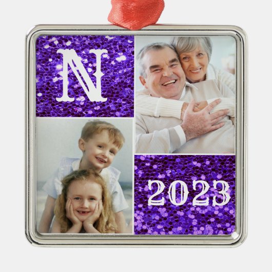 Monogram Paarse Glitter Foto Kerstmis Metalen Ornament (Voorkant)