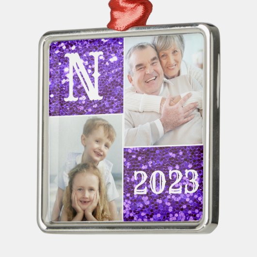 Monogram Paarse Glitter Foto Kerstmis Metalen Ornament (Links)