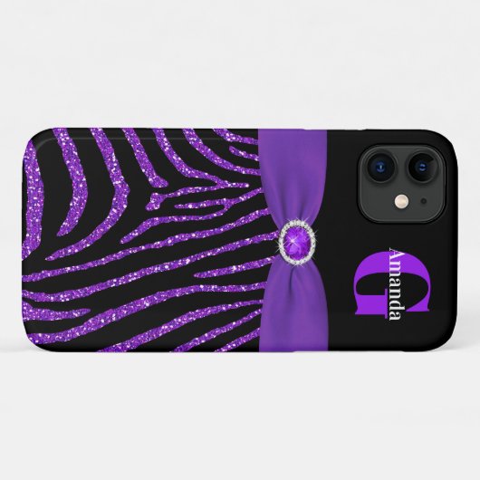 Monogram Paarse Glitter Zebra iPhone 11 Case-Mate iPhone Case (Achterkant (horizontaal))