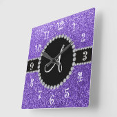 Monogram paarse glitterdiamant zwarte cirkel vierkante klok (Hoek)