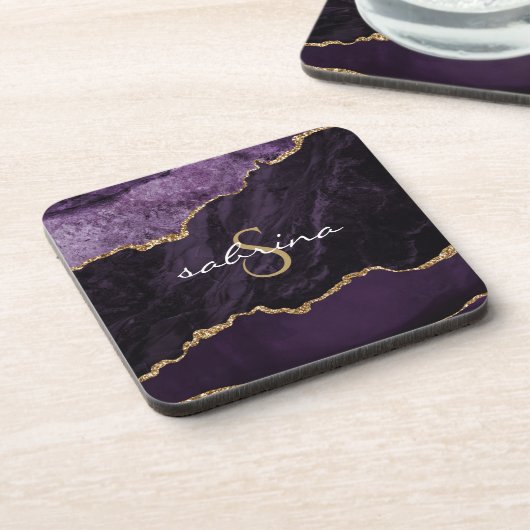 Monogram Paarse Goud Agaat Geode Bier Onderzetter (Linkerzijde)