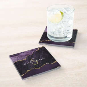 Monogram Paarse Goud Agaat Geode Glazen Onderzetter