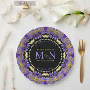 Monogram Paarse gouden diamanten kant Unieke bruil Papieren Bordje