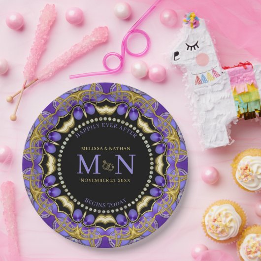 Monogram Paarse gouden diamanten kant Unieke bruil Papieren Bordje (Feest)