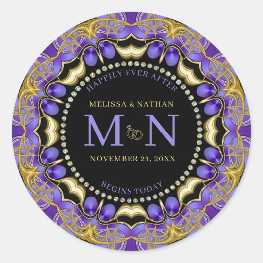 Monogram Paarse gouden diamanten kant Unieke bruil Ronde Sticker (Voorkant)