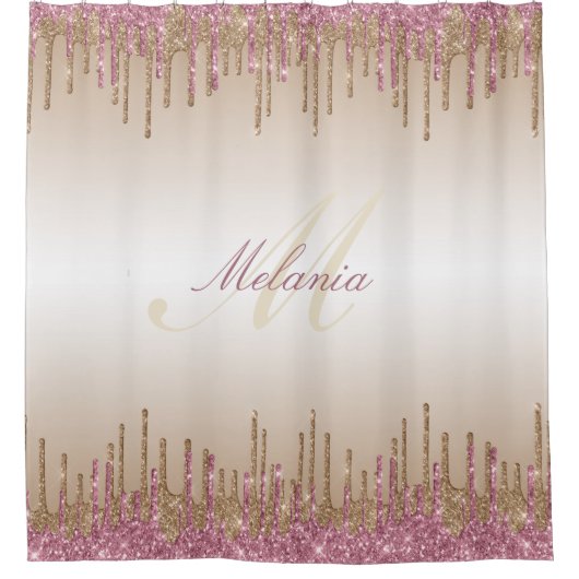 Monogram paarse gouden druppelglitter douchegordijn (Voorkant)