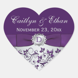 Monogram Paarse Grijs Bloemen Bruiloft Favor Stick Hart Sticker