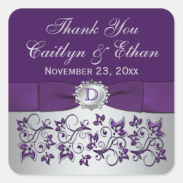 Monogram Paarse Grijs Bloemen Bruiloft Favor Stick Vierkante Sticker