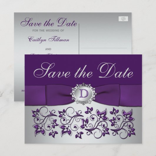 Monogram Paarse Grijze Bloemen Save the Date Brief Aankondigingskaart (Voorkant / Achterkant)