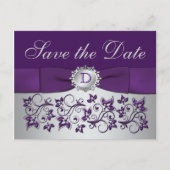 Monogram Paarse Grijze Bloemen Save the Date Brief Aankondigingskaart (Voorkant)
