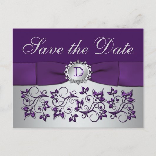 Monogram Paarse Grijze Bloemen Save the Date Brief Aankondigingskaart (Voorkant)