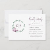 Monogram Paarse groene bloemenkrans bruiloft RSVP Kaartje (Voorkant)