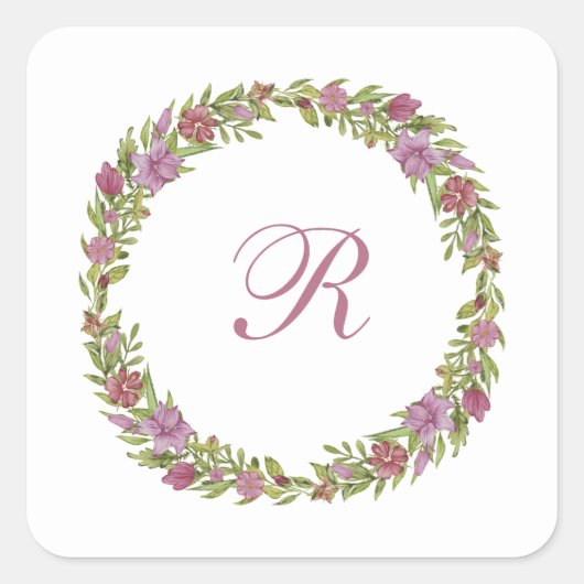 Monogram Paarse groene bloemenkrans Vierkante Sticker (Voorkant)