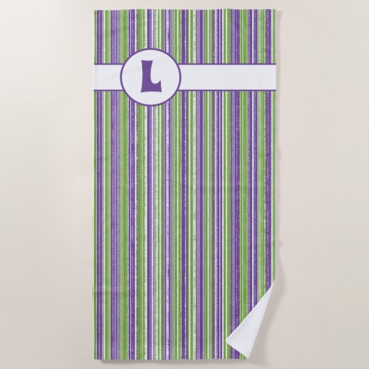 Monogram Paarse, Groene en Witte Stripes Strandlaken (Voorkant)