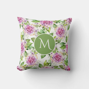 Monogram  Paarse Groene Waterverf Floral Kussen
