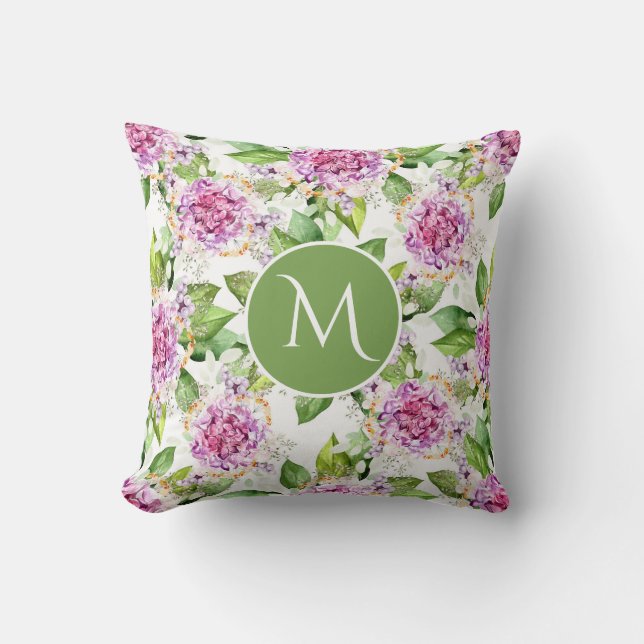 Monogram  Paarse Groene Waterverf Floral Kussen (Voorkant)