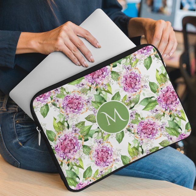 Monogram  Paarse Groene Waterverf Floral Laptop Sleeve (Creator heeft geüpload)