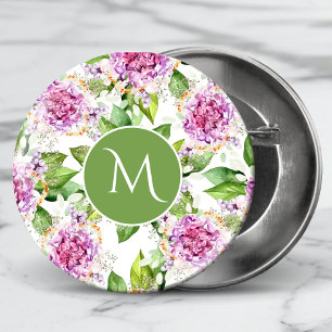 Monogram  Paarse Groene Waterverf Floral Ronde Button 3,2 Cm
