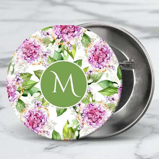 Monogram  Paarse Groene Waterverf Floral Ronde Button 3,2 Cm