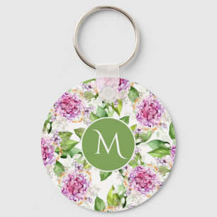 Monogram  Paarse Groene Waterverf Floral Sleutelhanger