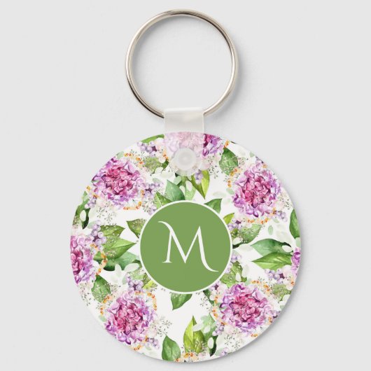 Monogram  Paarse Groene Waterverf Floral Sleutelhanger (Voorkant)