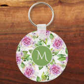 Monogram  Paarse Groene Waterverf Floral Sleutelhanger (Voorkant)
